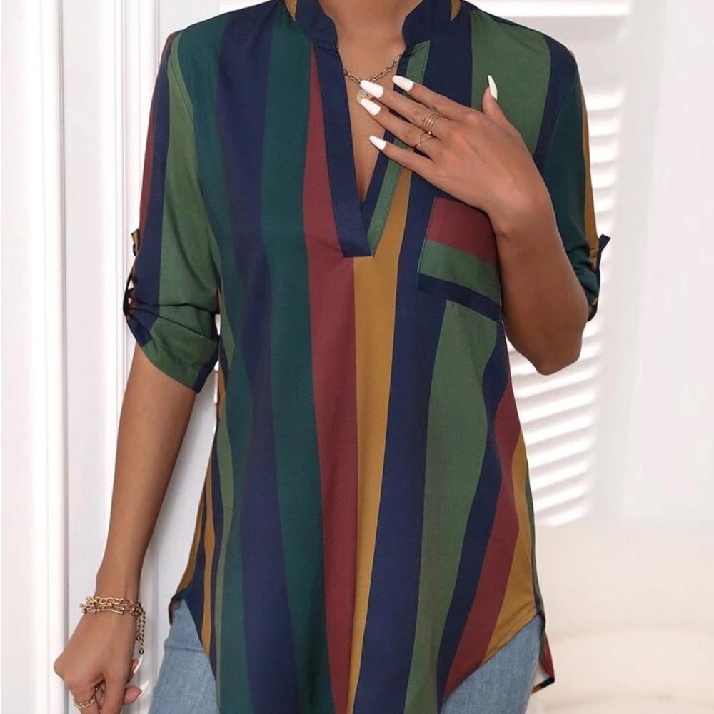 Striped Roll Up Sleeve Notch Neck Blouse